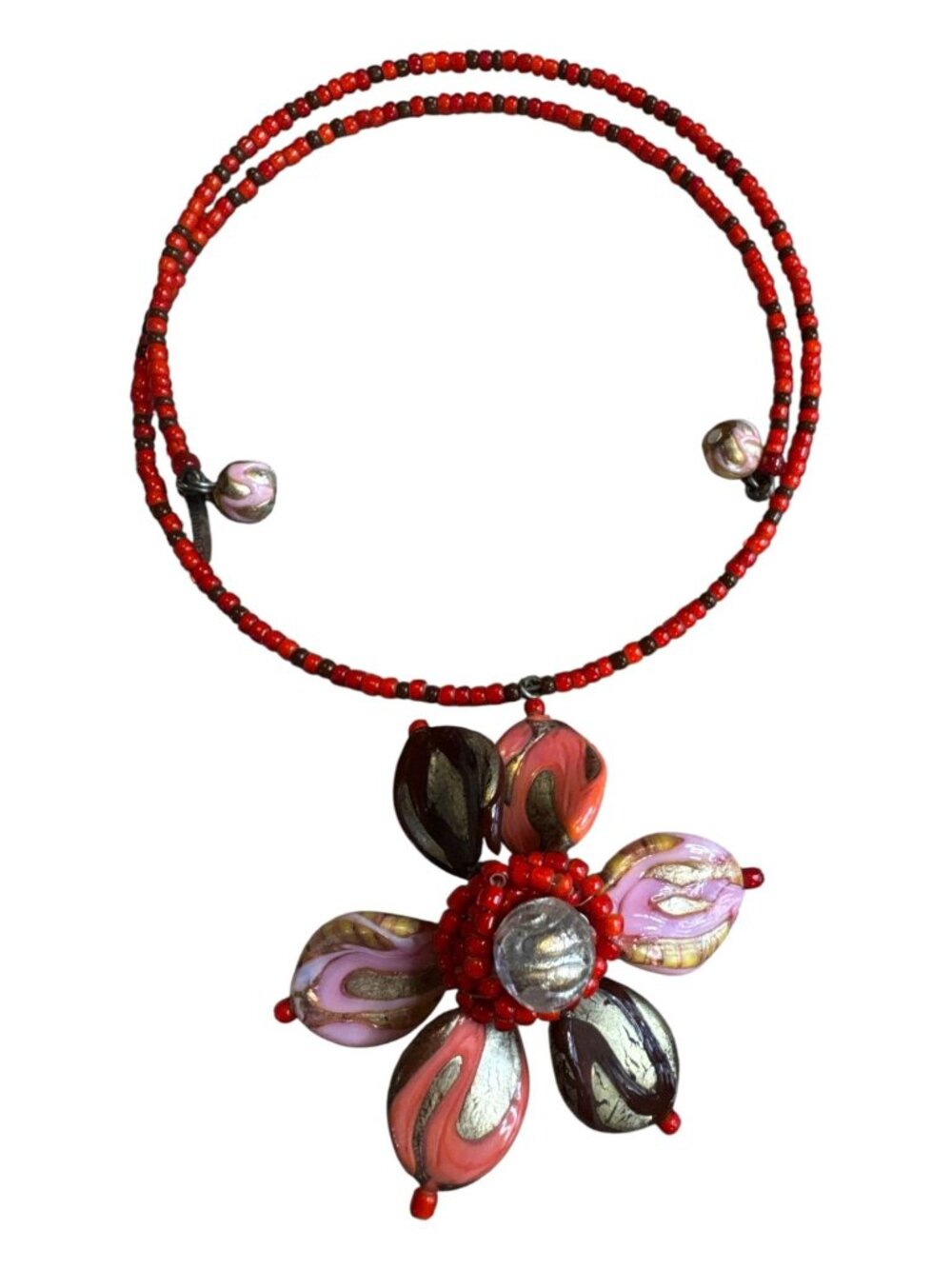 Genninger Murano Glass Beaded Necklace With Floral Pendant - Red Pink & Gold Des